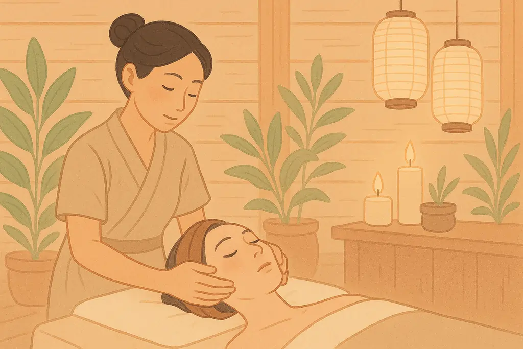 Scène de massage facial inspirée du Japon, dans une pièce chaleureuse et tamisée. Une femme allongée sur une table de massage reçoit un soin du visage Kobido. Décor naturel : bois clair, plantes vertes, bougies, lanternes japonaises. Ambiance zen, douce et bienveillante.