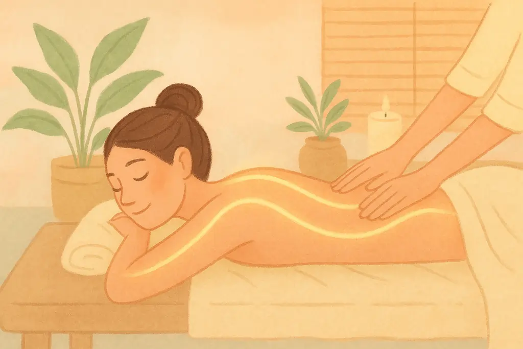 Illustration douce d’une femme allongée sur une table de massage, entourée d’une lumière dorée symbolisant les bienfaits du soin, dans un décor zen aux tons pastels.