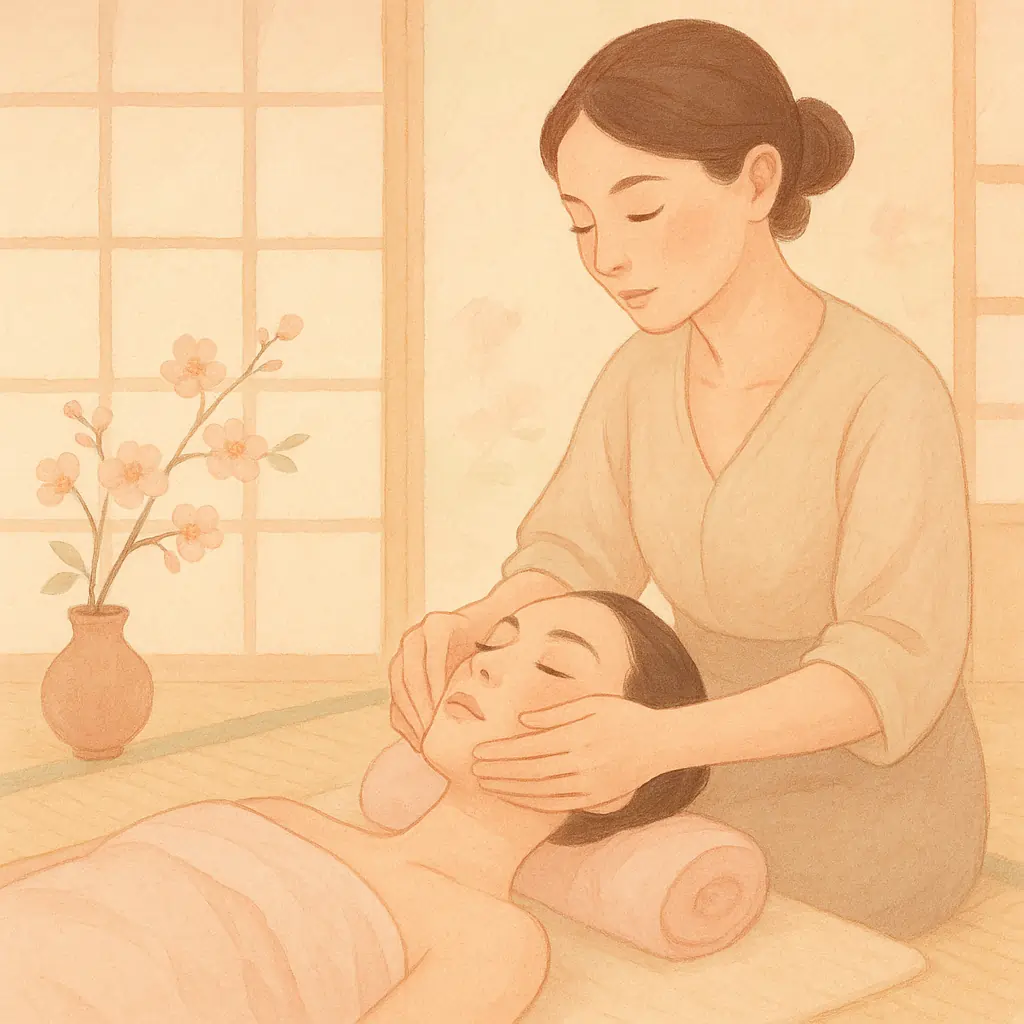 Une femme allongée, détendue, reçoit un massage Kobido dans une ambiance japonaise élégante. Tatami, lumière tamisée, décor minimaliste avec fleurs de cerisier. L’esthéticienne effectue un geste liftant sur le visage.