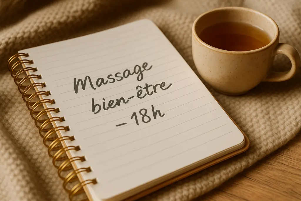 Carnet ouvert avec l'inscription Massage bien-être – 18h, posé sur un plaid, avec une tasse de tisane à côté