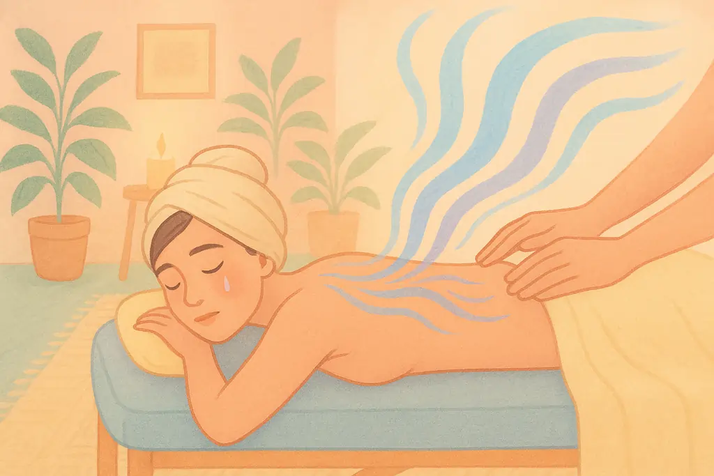 Femme allongée sur une table de massage, les yeux fermés, une larme sur la joue, avec des filaments lumineux s'échappant de son dos, symbolisant la libération des émotions pendant un massage.