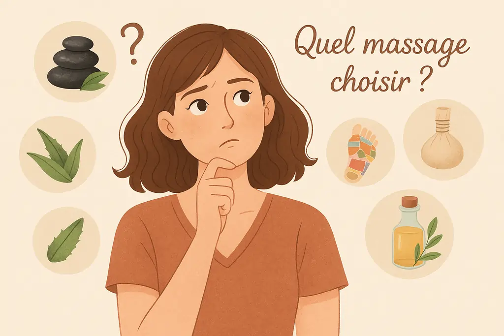 Femme qui s'interroge sur le type de massage à choisir, entourée d'icônes représentant différentes techniques de massage comme les pierres chaudes, la réflexologie plantaire ou les huiles essentielles.
